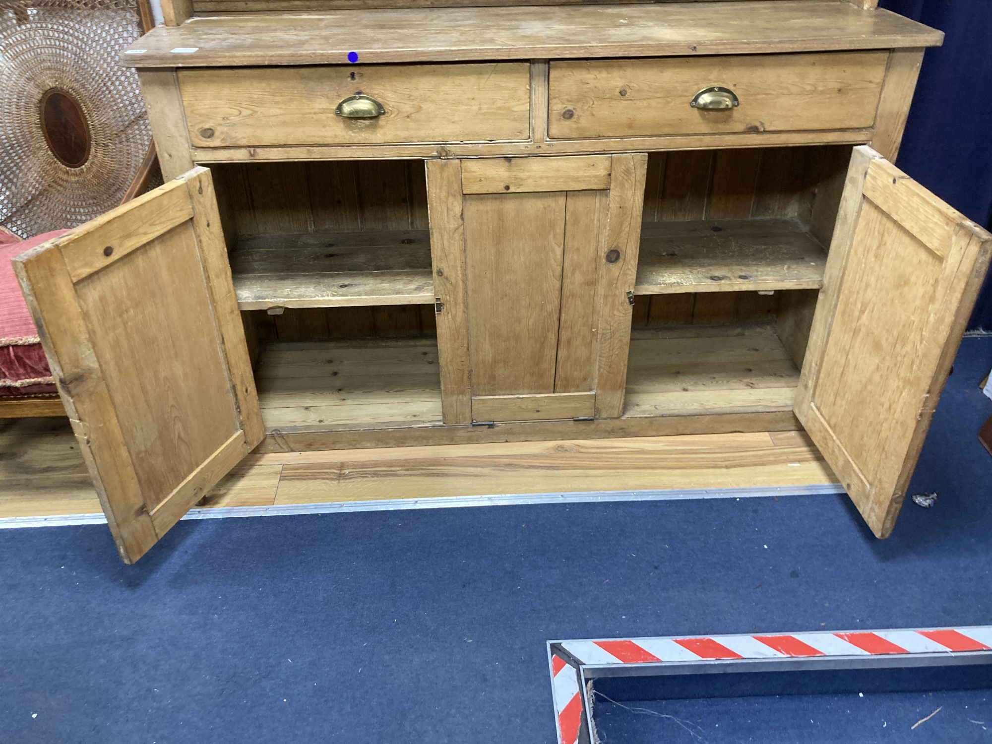 A Victorian pine dresser and rack, length 152cm, depth 42cm, height 212cm